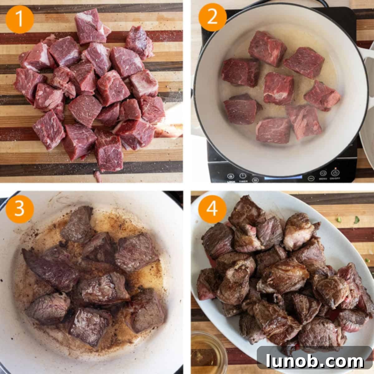 Cutting beef into 1-2 inch pieces and searing in dutch oven.