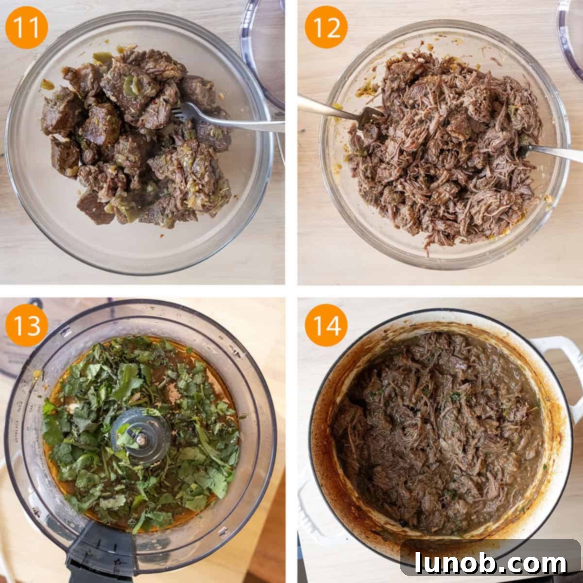 Shredding the beef with a fork and blending the sauce with a food processor.