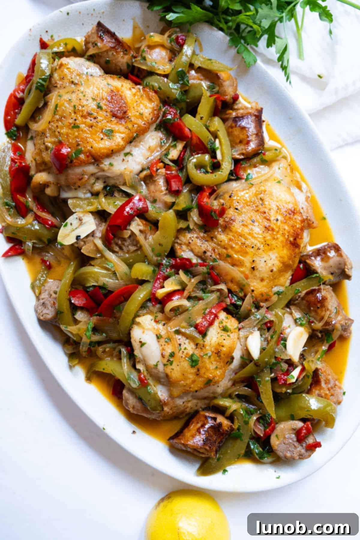 Homemade Restaurant-Style Chicken Scarpariello Perfection 2 chicken scarpariello sitting on a plate with its braised juices