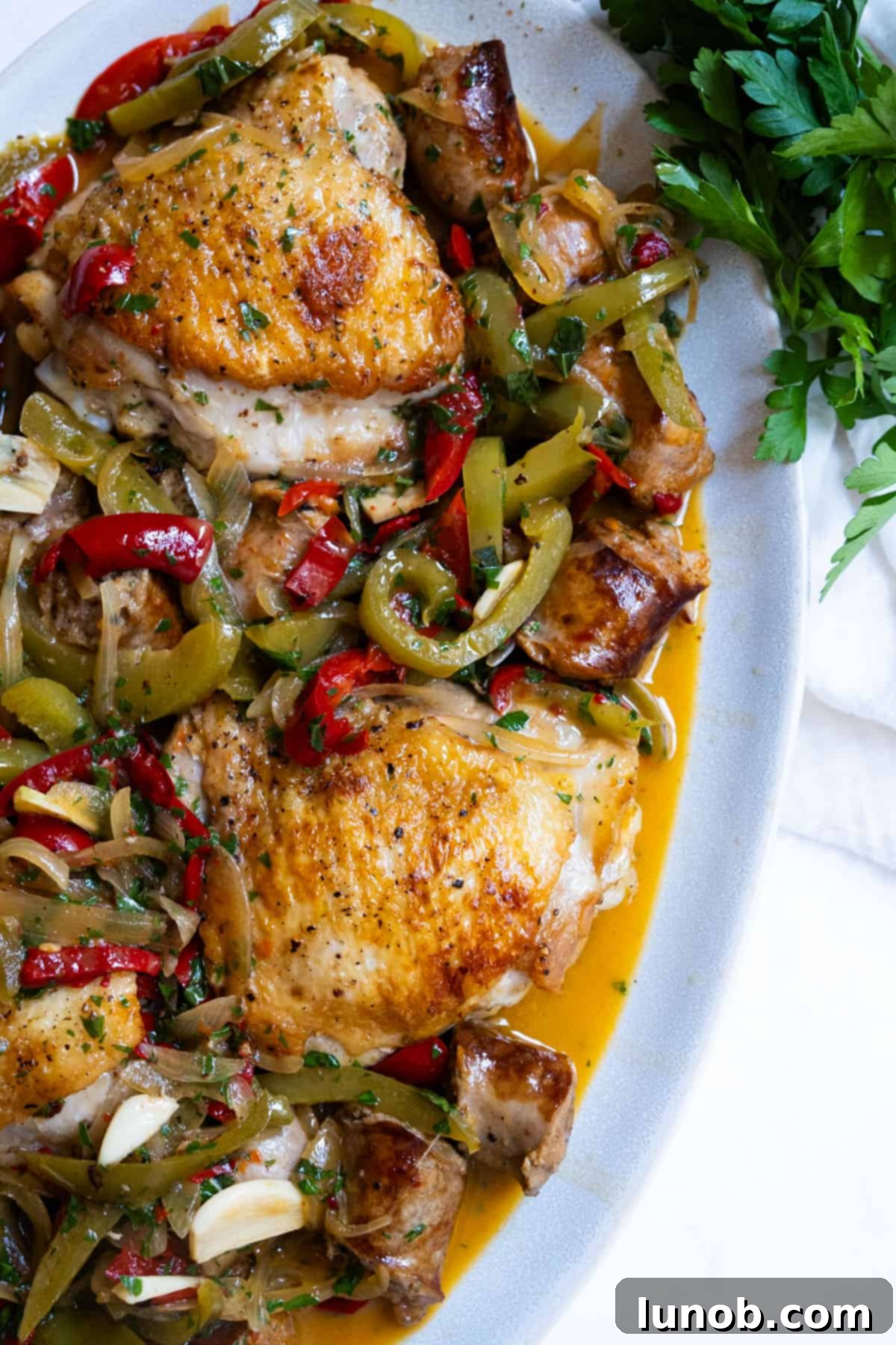 Homemade Restaurant-Style Chicken Scarpariello Perfection 12 Final presentation of Chicken Scarpariello in a serving dish, garnished with fresh herbs