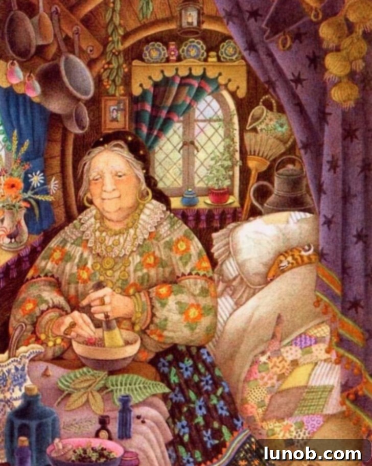 Illustration of an old crone or wise woman, reminiscent of La Befana.