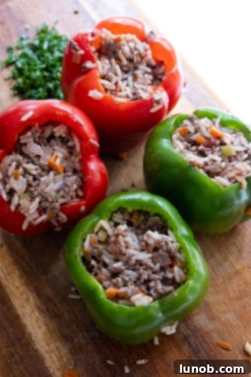 Fresh bell peppers generously stuffed with the savory ground beef and rice mixture.