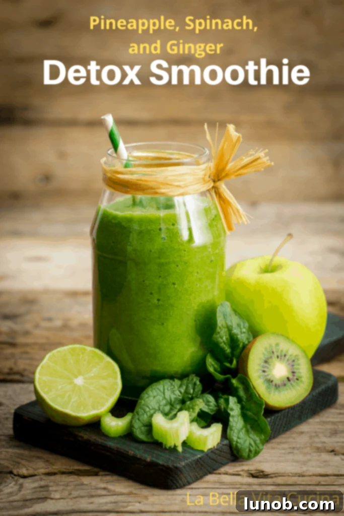 Delicious Pineapple, Spinach and Ginger Detox Smoothie for a healthy cleanse and energy boost.