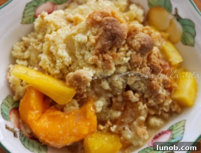 Fresh Peach Pineapple Crumble with a scoop of frozen yogurt