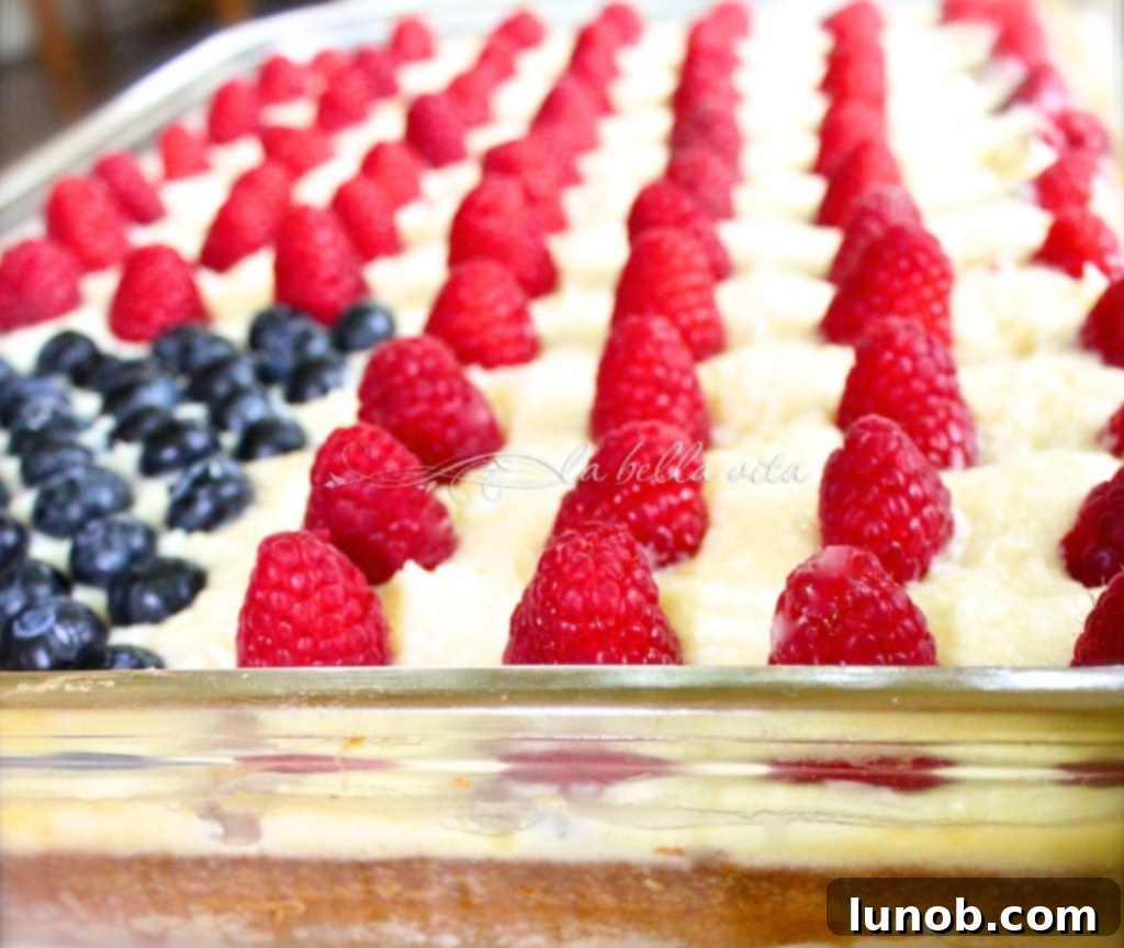 Ina Garten's Legendary Red White and Blue Flag Cake 4 A top-down view of the Ina Garten Red, White, and Blue Flag Cake, illustrating the meticulously placed fruit decorations that form the American flag pattern.