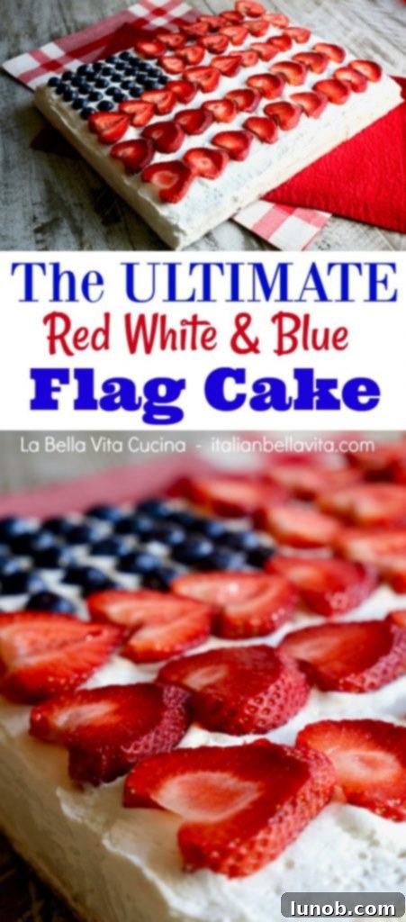 Ina Garten's Legendary Red White and Blue Flag Cake 6 A tall, vertically oriented image of the Red, White, and Blue Flag Cake, perfect for Pinterest sharing.