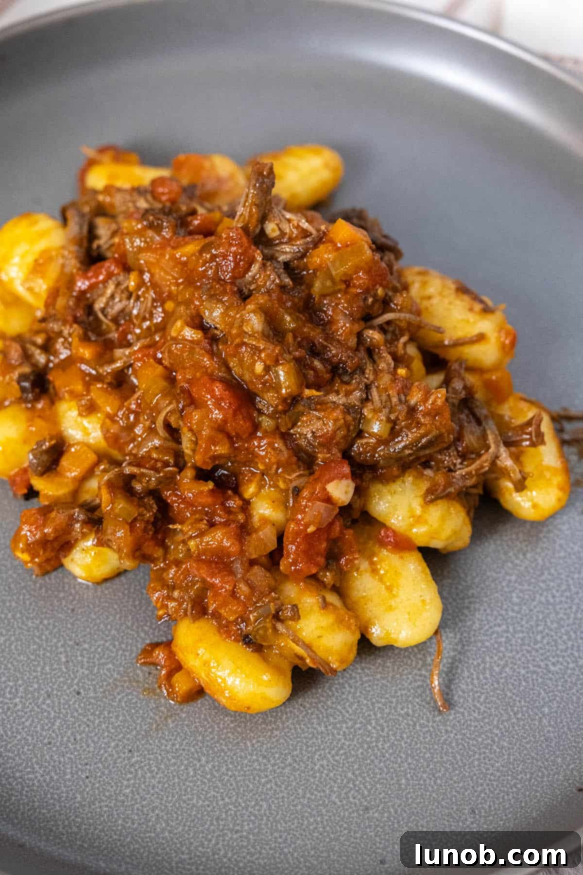 Plated Italian short rib ragu over gnocchi, garnished for serving.