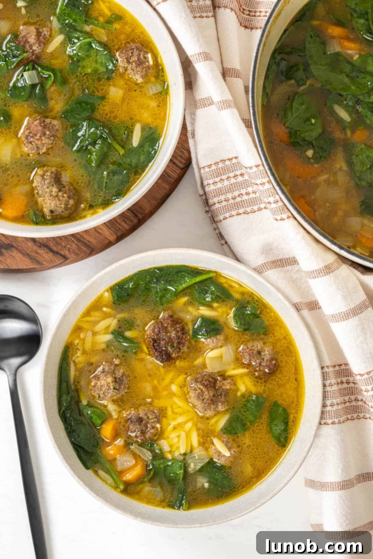 Rustic Italian Meatball & Escarole Soup 8 A comforting bowl of Italian wedding soup, garnished with fresh parsley and Parmesan cheese, featuring tender meatballs and orzo.
