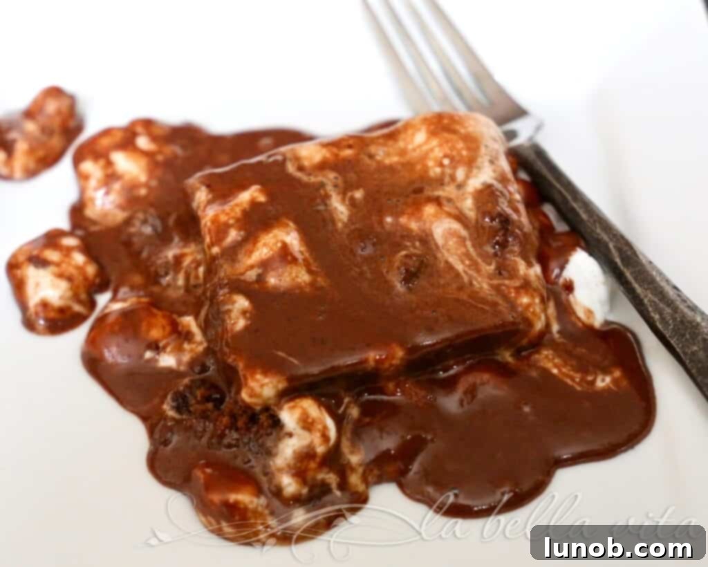 Warm slice of Mississippi Mud Cake with melted marshmallow and chocolate frosting.