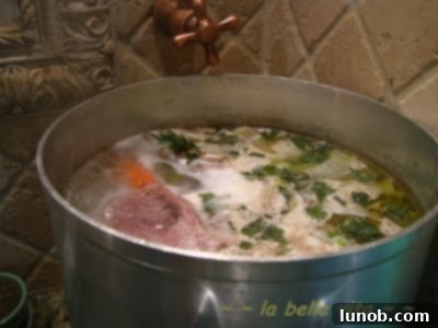 Homemade Chicken Broth for Tortellini 6 Skimming impurities from the simmering broth.