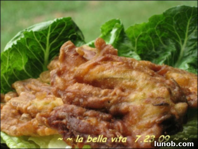 Beautifully fried Fiori di Zucca Fritti with crispy Pastella batter