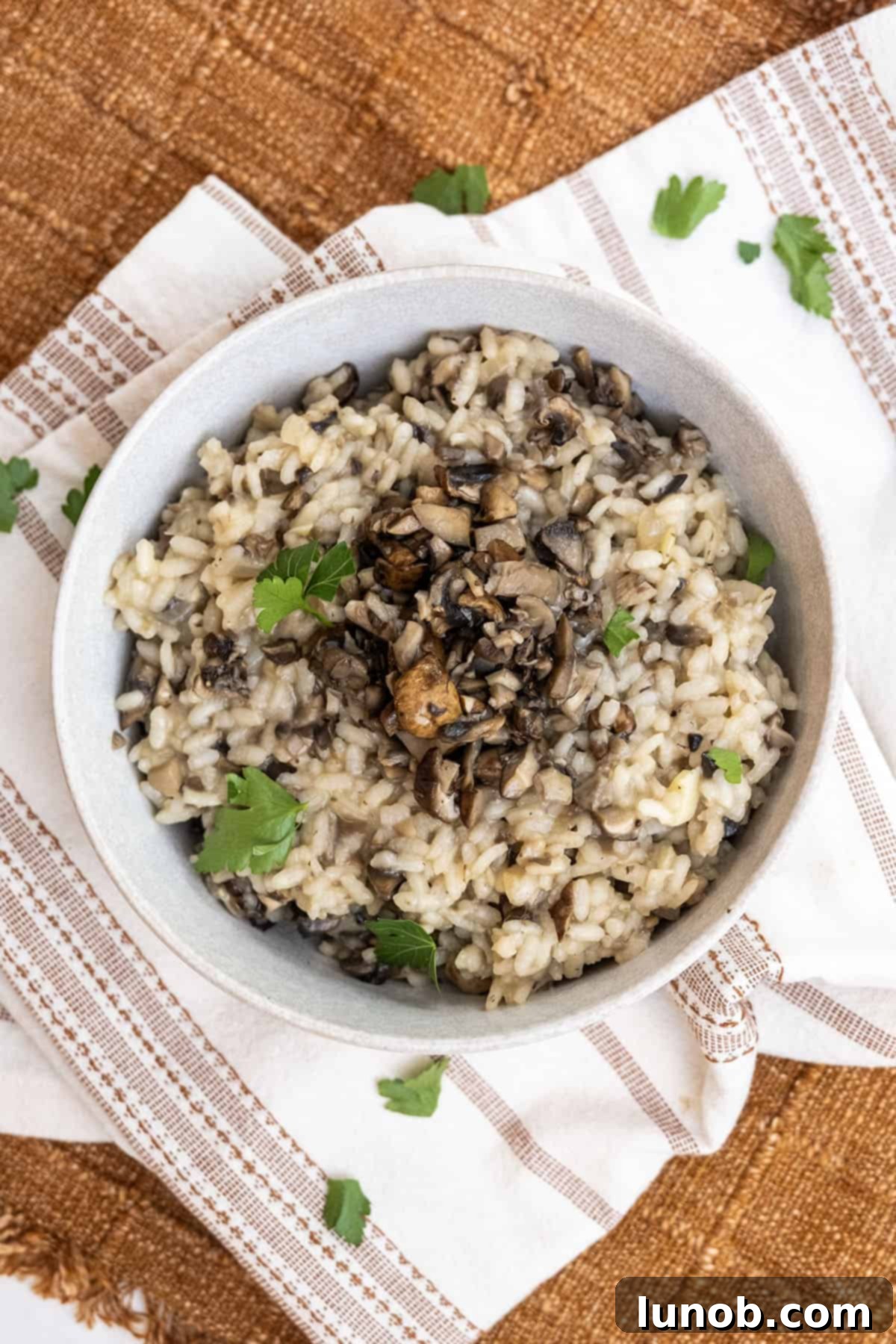 Velvet Truffle Mushroom Risotto 2 creamy mushroom truffle risotto garnished with fresh parsley