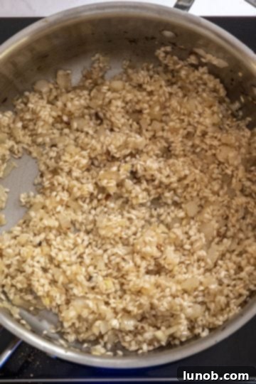 Velvet Truffle Mushroom Risotto 7 arborio rice toasting in a pan with aromatics