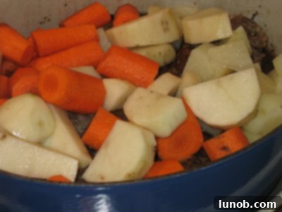 Carrots and potatoes added to the pot with the simmering pot roast, ready for the final cooking stage.
