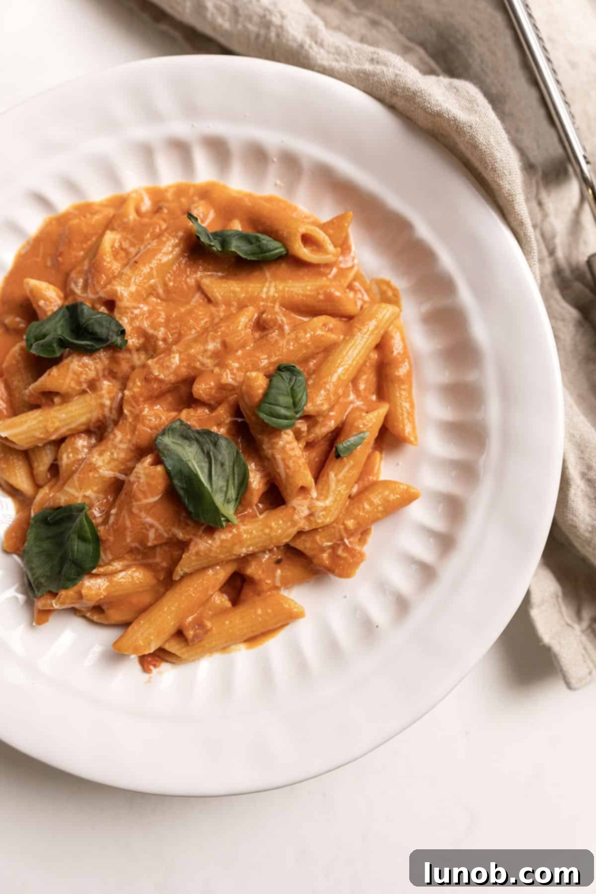 Fiery Vodka Pasta 2 Plate of penne with spicy vodka sauce, garnished with fresh basil and grated Parmesan.