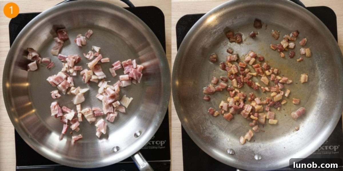 Fiery Vodka Pasta 4 Pancetta frying and rendering fat in a large saucepan.