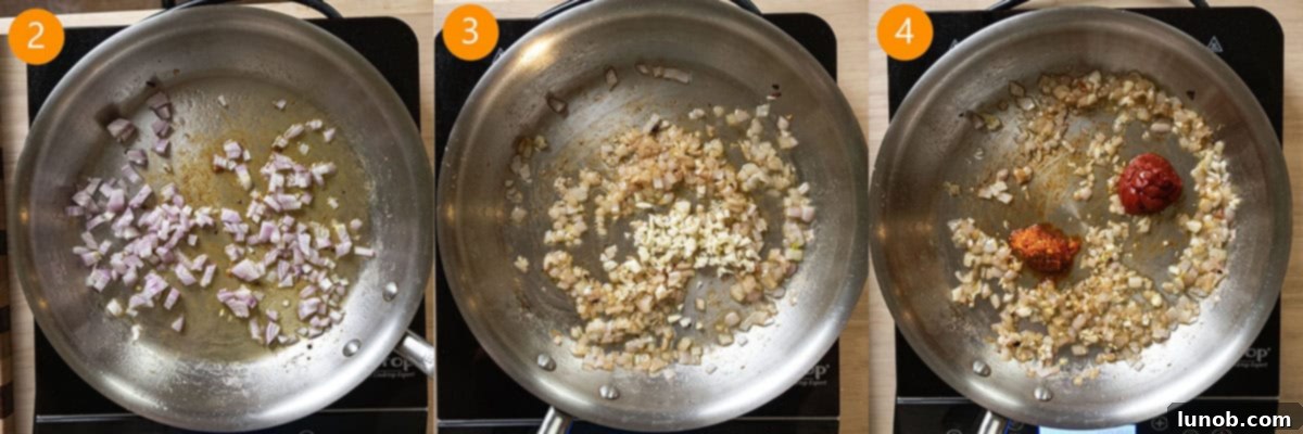 Fiery Vodka Pasta 5 Shallots and garlic sautéing in a pan with tomato paste caramelizing in the center alongside Calabrian chili peppers.