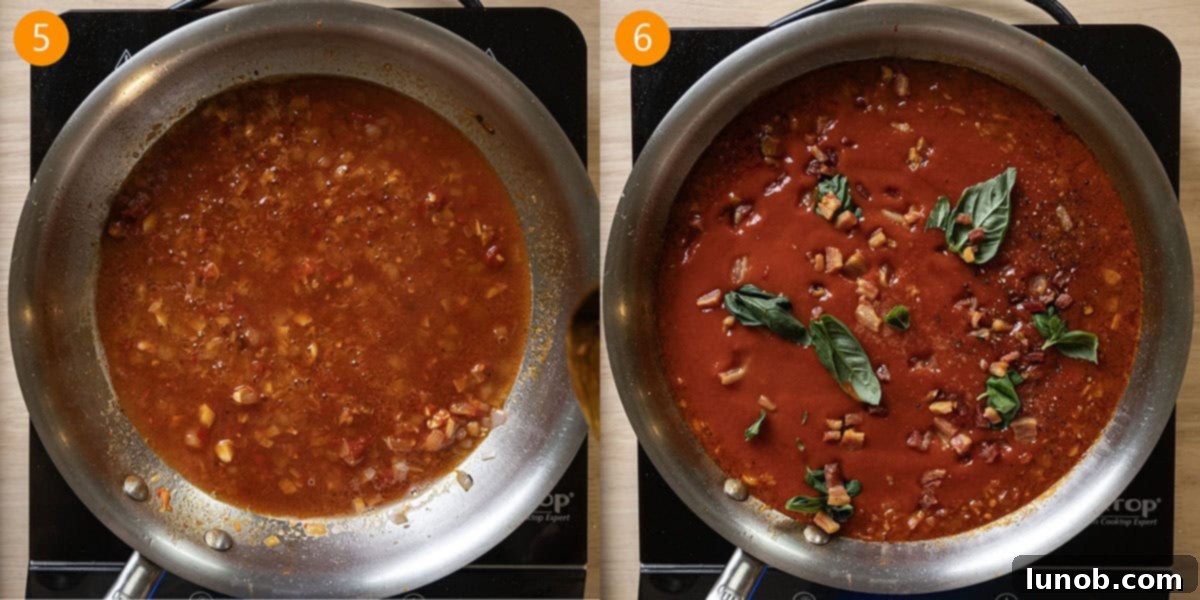 Fiery Vodka Pasta 6 Vodka sauce simmering gently in a saucepan, reducing and thickening.