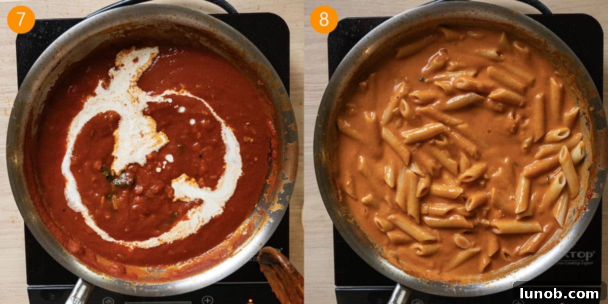 Fiery Vodka Pasta 7 Heavy cream being stirred into the finished vodka sauce, with cooked penne pasta added to coat.
