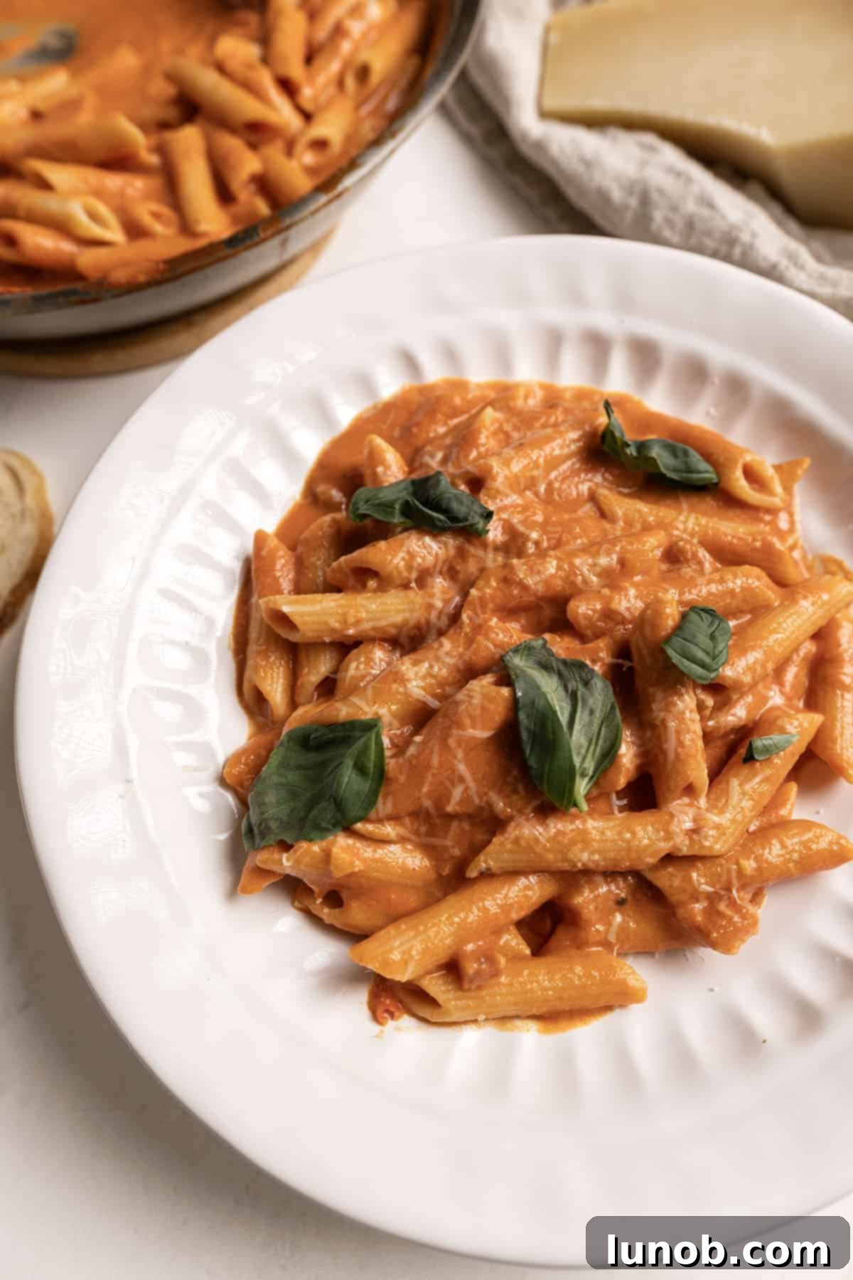 Fiery Vodka Pasta 8 A serving of penne with spicy vodka sauce on a white plate, ready to be enjoyed.