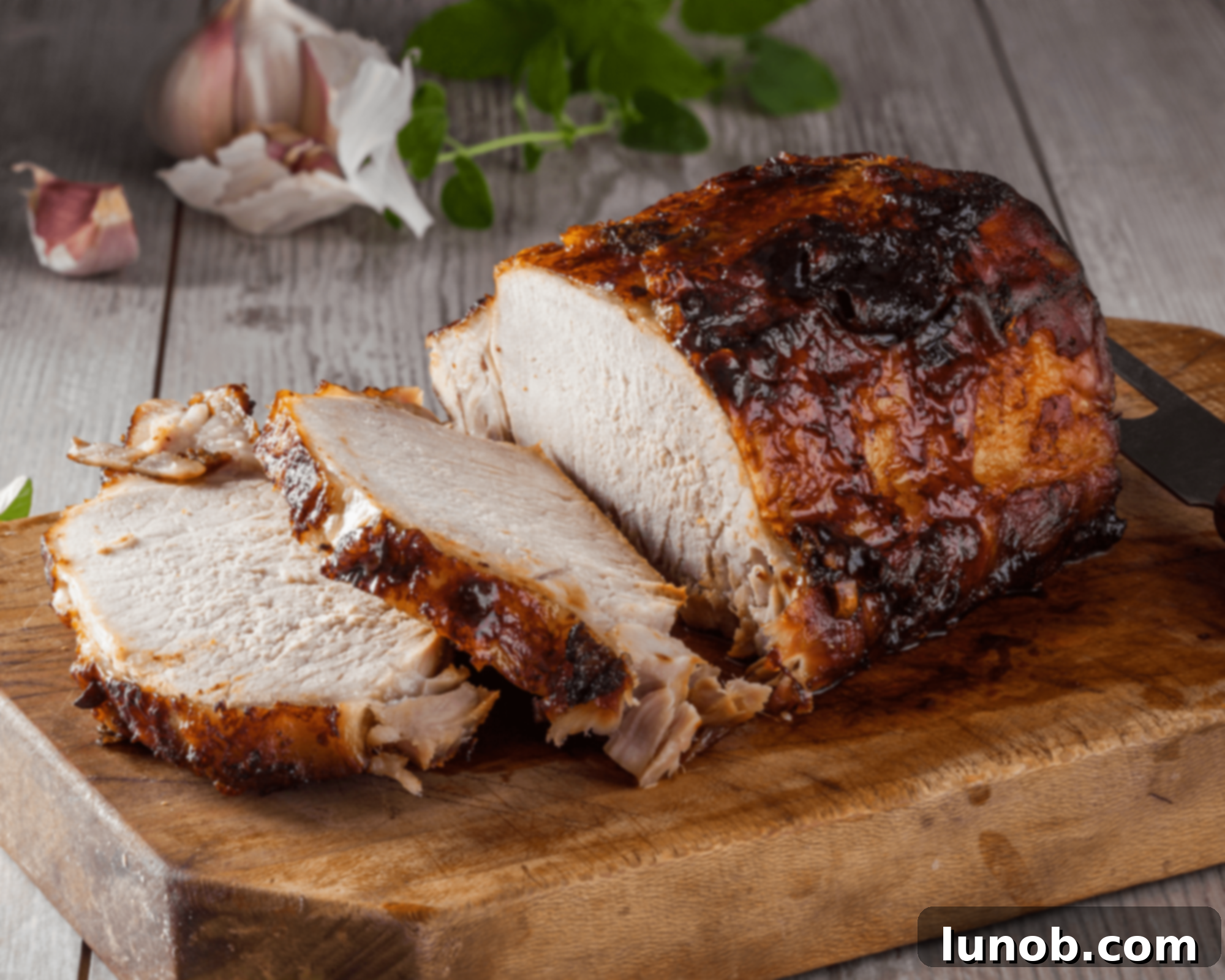 Deliciously roasted pork loin with garlic and thyme, perfectly golden brown and ready to be carved.