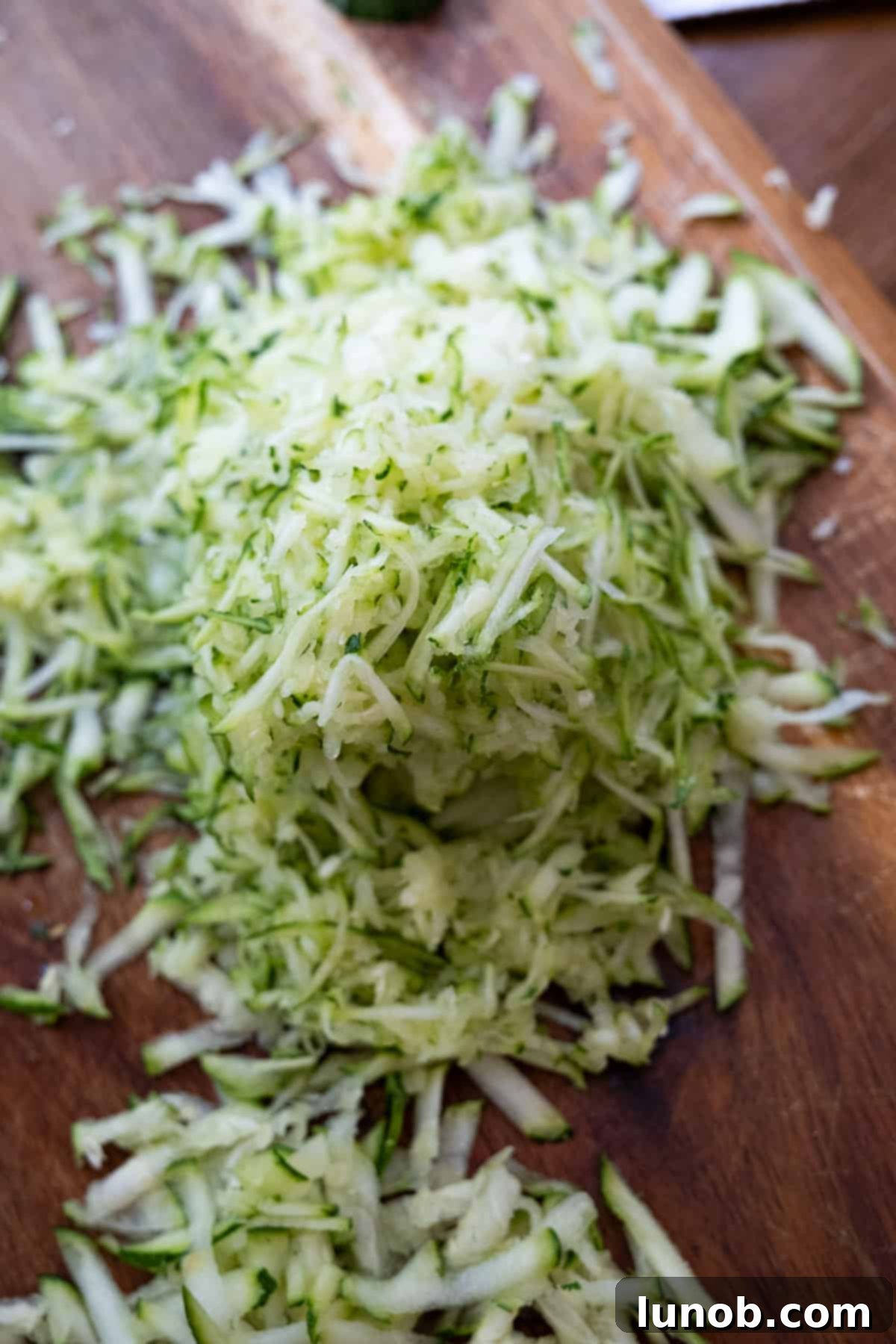 Close-up of freshly grated zucchini, ready for the pasta sauce.