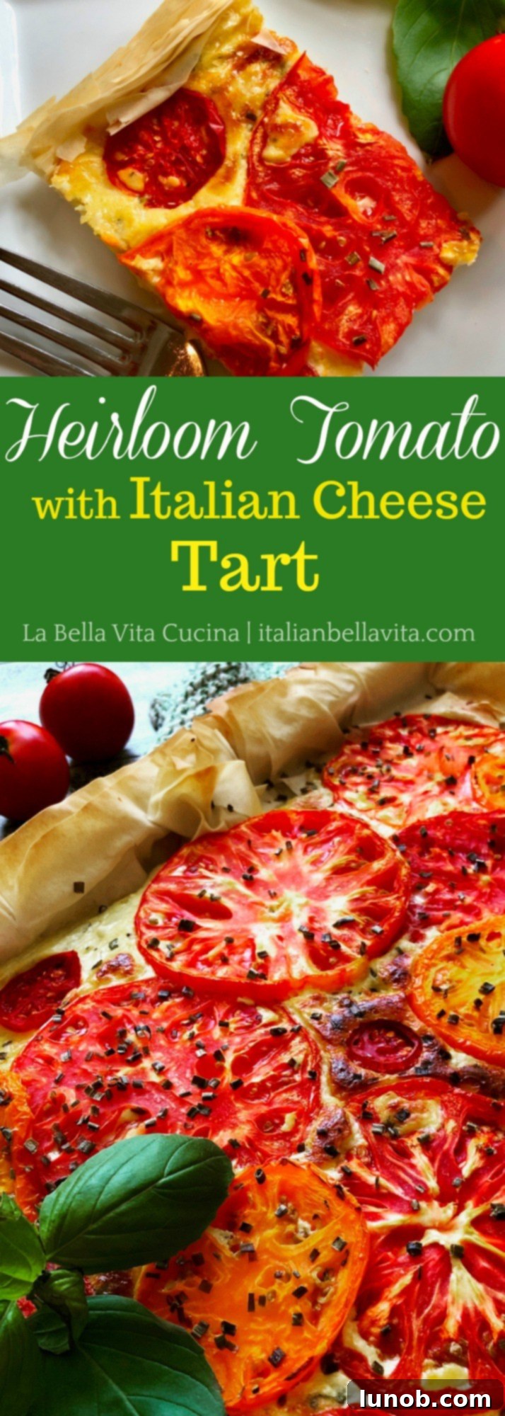 Sun-Kissed Heirloom Tomato and Italian Cheese Tart 5 Heirloom Tomato and Italian Cheese Phyllo Tart, perfect for Pinterest sharing