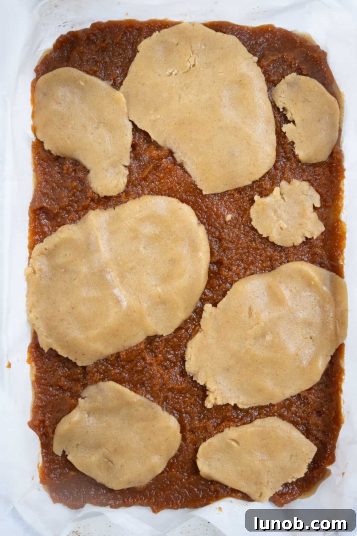 Extra blondie dough added on top of pumpkin butter in a patterned design before baking