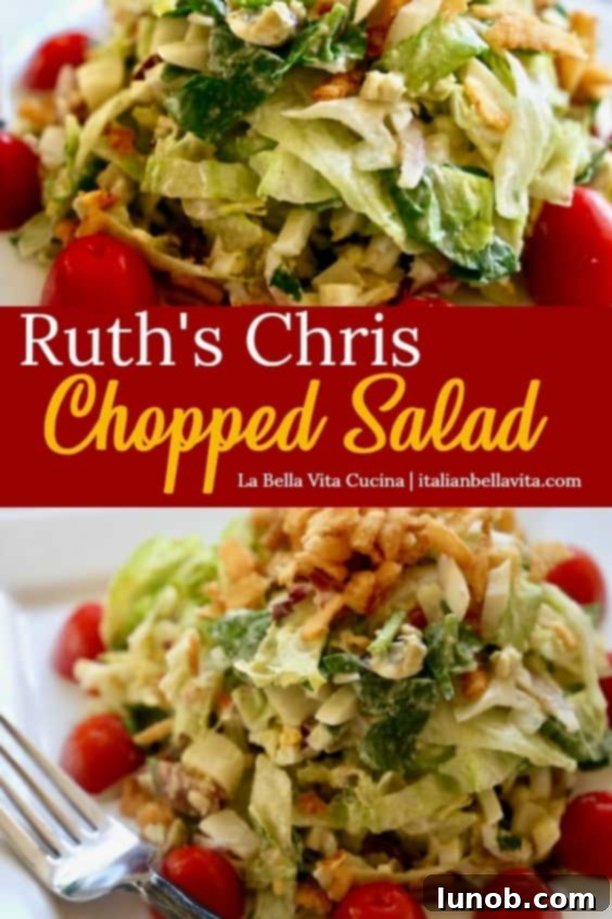 Ruth's Chris Chopped Salad Copycat Recipe with a close-up of the fresh ingredients and creamy lemon basil dressing, perfect for home cooks.