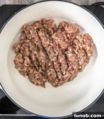 Searing a large, flat patty of Italian sausage in a dutch oven to develop a rich brown crust