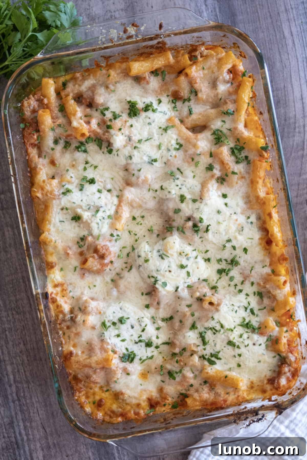 Golden brown and bubbling finished baked ziti