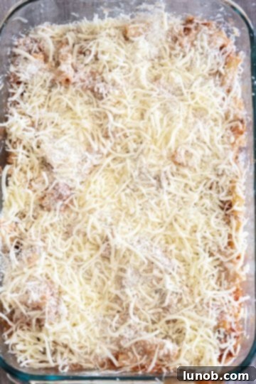Baked ziti layers topped with extra parmesan and mozzarella cheese