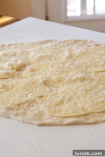 Dough rolled out and generously topped with three kinds of cheese, ready for the meat layer