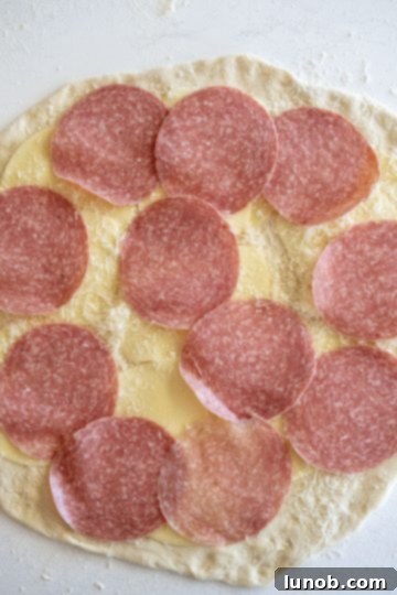 A layer of thinly sliced salami has been added on top of the cheese layer on the pizza dough