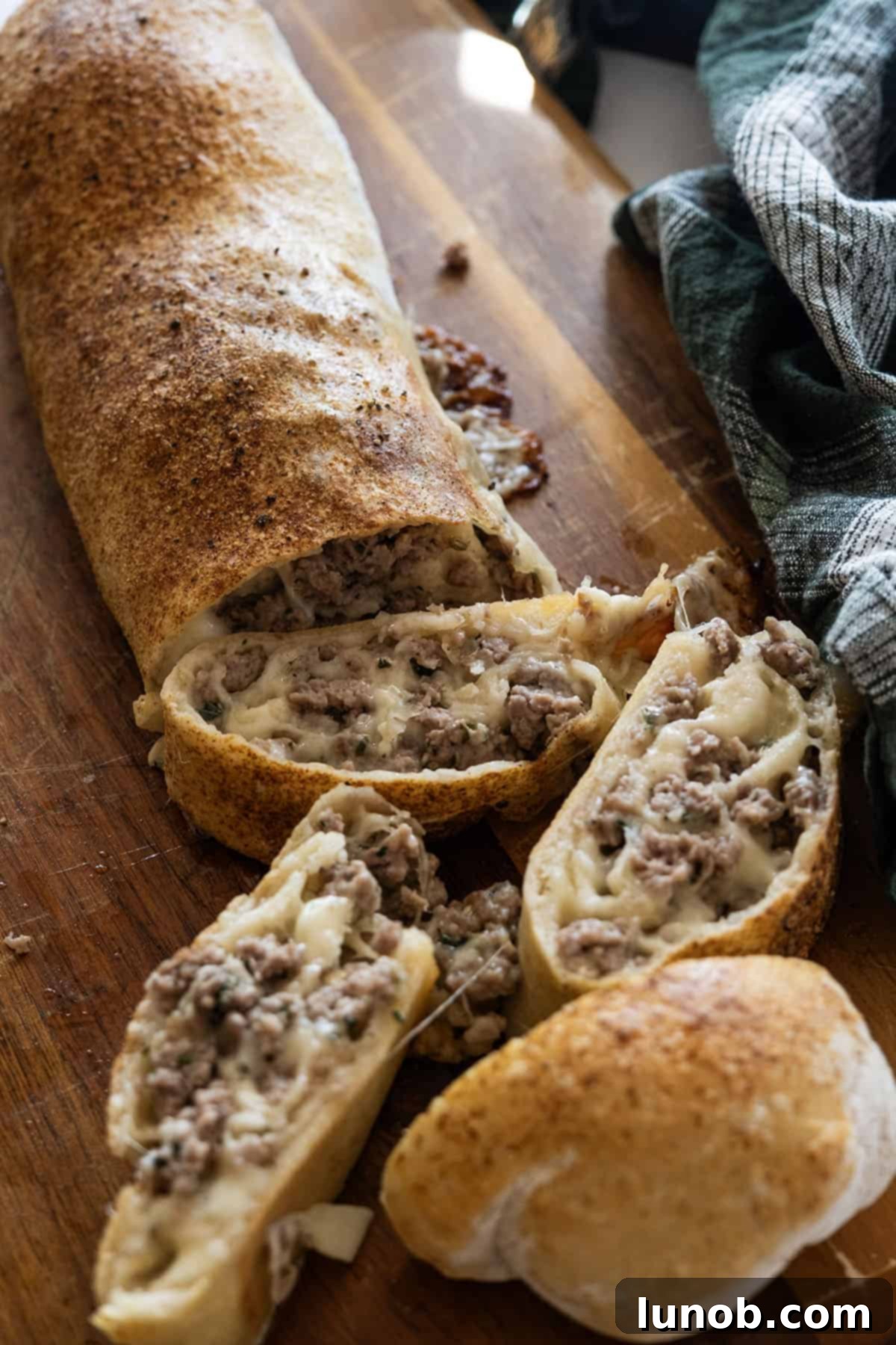 Italian sausage bread cut open, revealing savory sausage and melted mozzarella and provolone cheese within a golden-brown, perfectly baked crust.