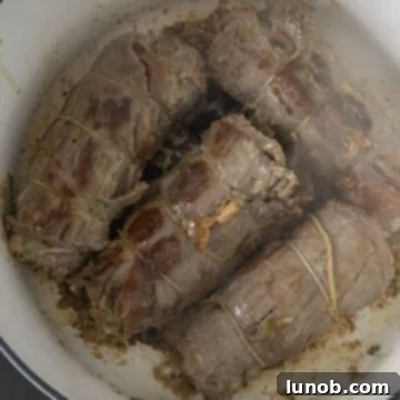 First side of braciole seared to a golden brown