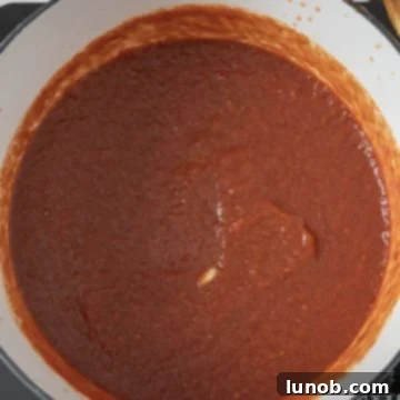 Tomato sauce simmering with red wine and basil