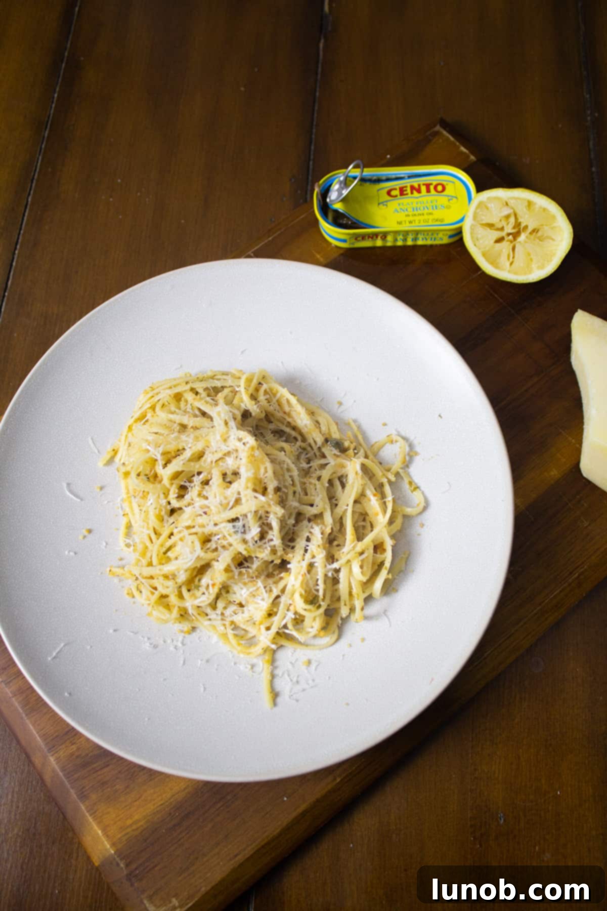 Lemon Garlic Anchovy Pasta plated beautifully, ready to be served