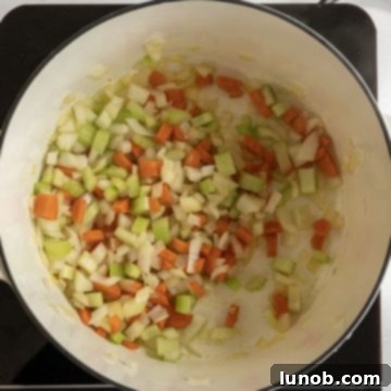 sauteing vegetables for barley lentil soup