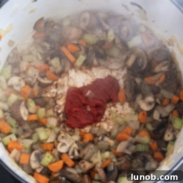 caramelizing tomato paste for barley lentil soup