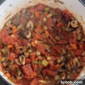 simmering diced tomatoes for barley lentil soup