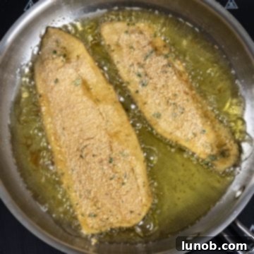 Crispy Fried Flounder Oreganata 5 Flounder frying in a pan until golden