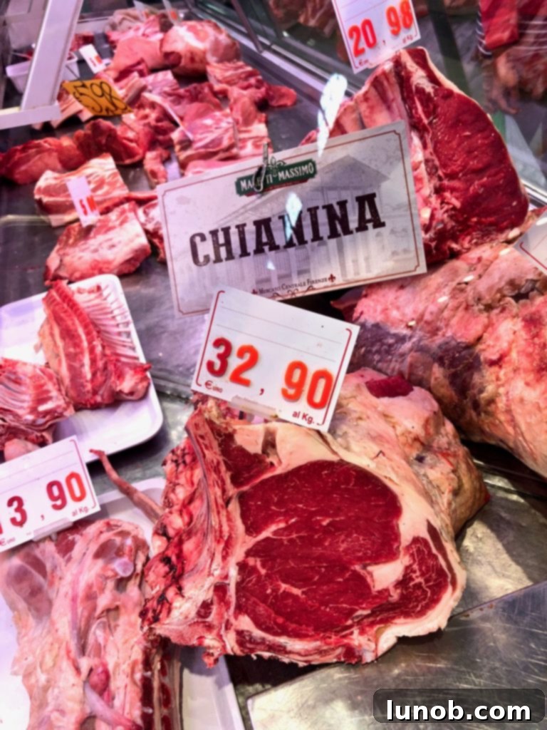 Master the Art of Pan-Seared Steak 3 High-quality Chianina beef in Florence food market, used for Bistecca Fiorentina