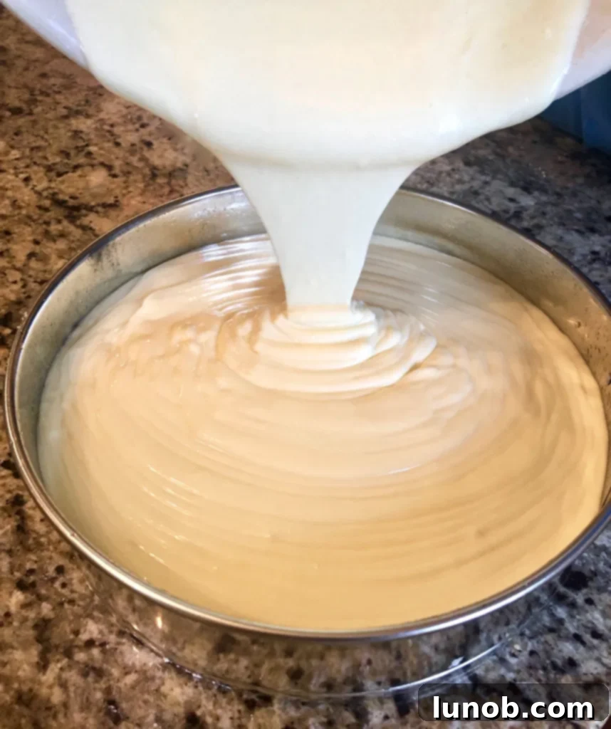 Cheesecake Perfection 11 Cheesecake filling leveling out in the springform pan.