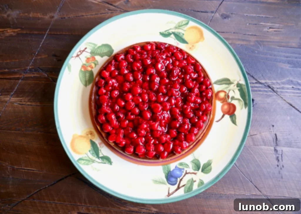 Cheesecake Perfection 22 Spoonfuls of cherry pie filling being added to the center of the cheesecake.