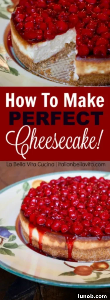 Cheesecake Perfection 23 Pinterest pin for the best creamy dreamy cheesecake recipe.