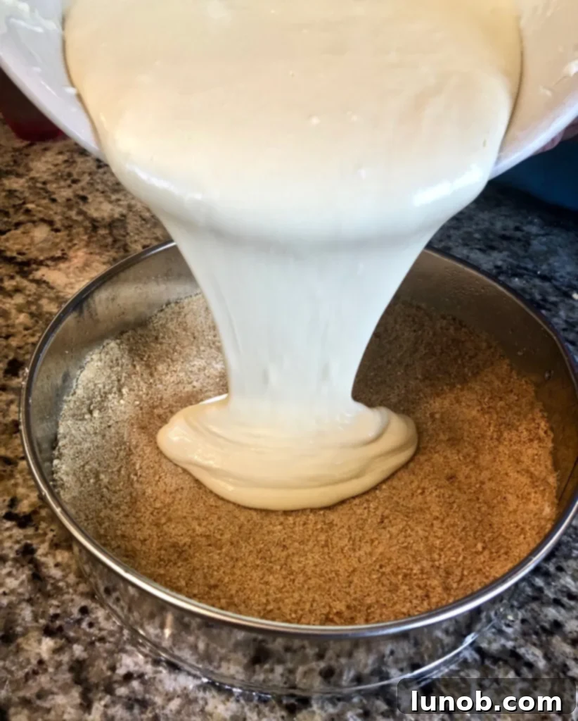 Cheesecake Perfection 10 Pouring the cheesecake filling into the prepared graham cracker crust.