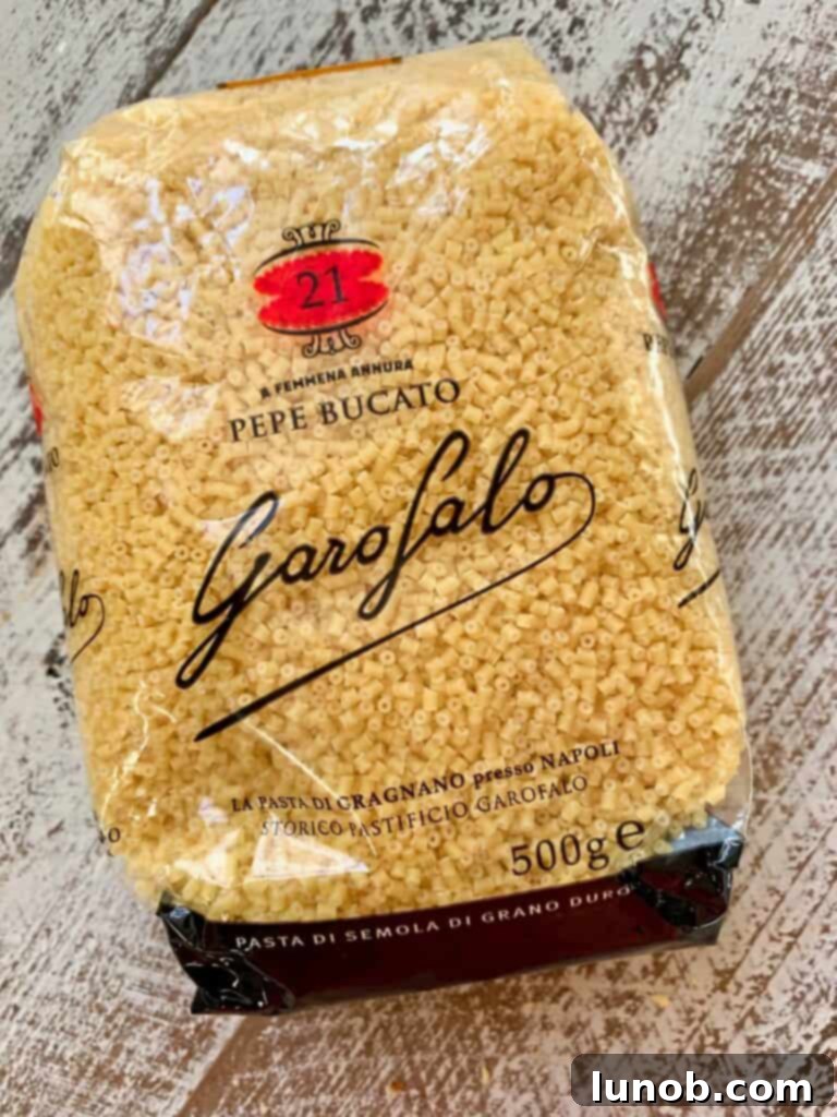 Tiny Pepe Bucato pasta from Naples, Italy, for Instant Pot Italian Wedding Soup, emphasizing authentic ingredients.