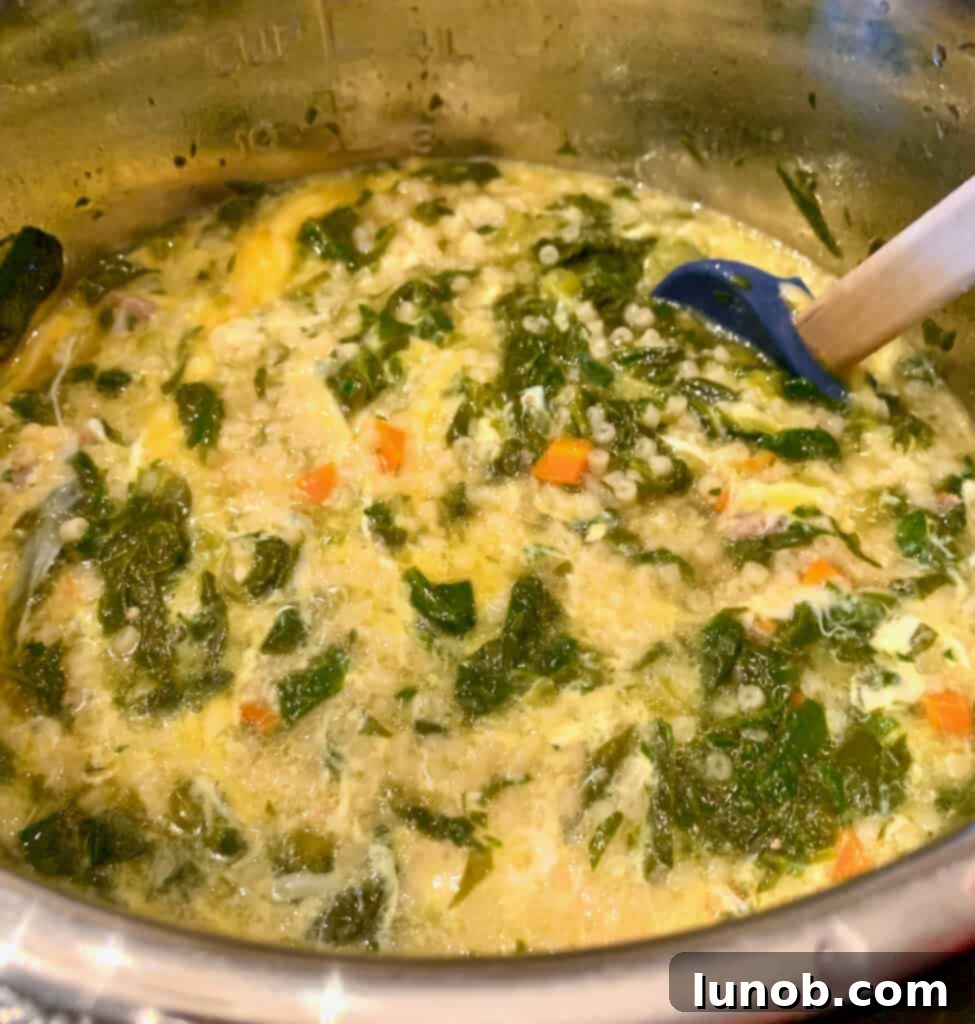 Final seasoning of Instant Pot Italian Wedding Soup with a spoon, ready for a taste test to achieve perfect balance.