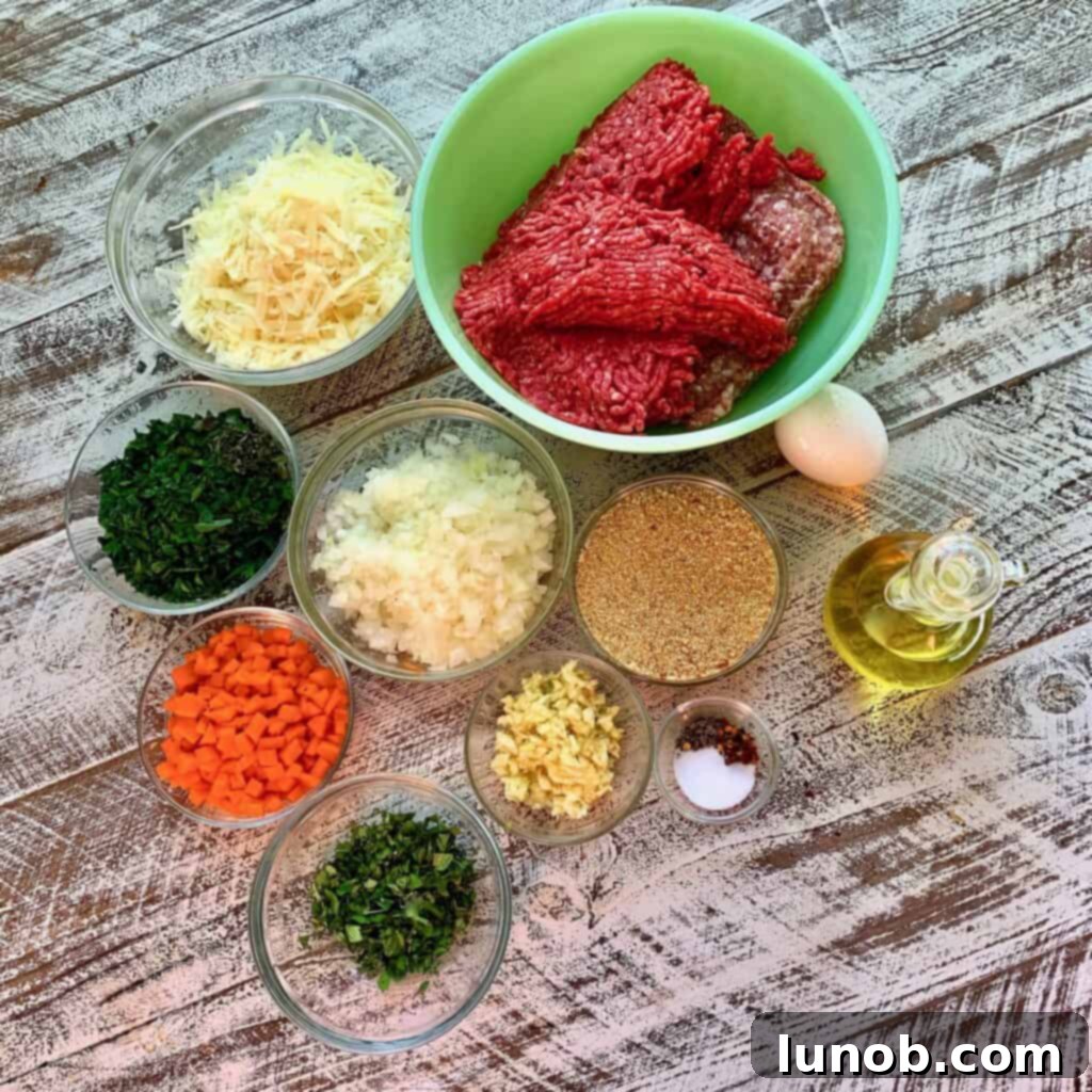 Meatball ingredients for Instant Pot Italian Wedding Soup: Fresh pork, beef, Parmigiana and Pecorino cheeses, onion, Italian Parsley, Basil, Oregano, Garlic, Breadcrumbs, Egg, and Olive oil.